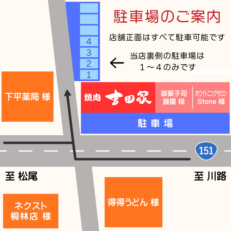焼肉 吉田家 駐車場のご案内